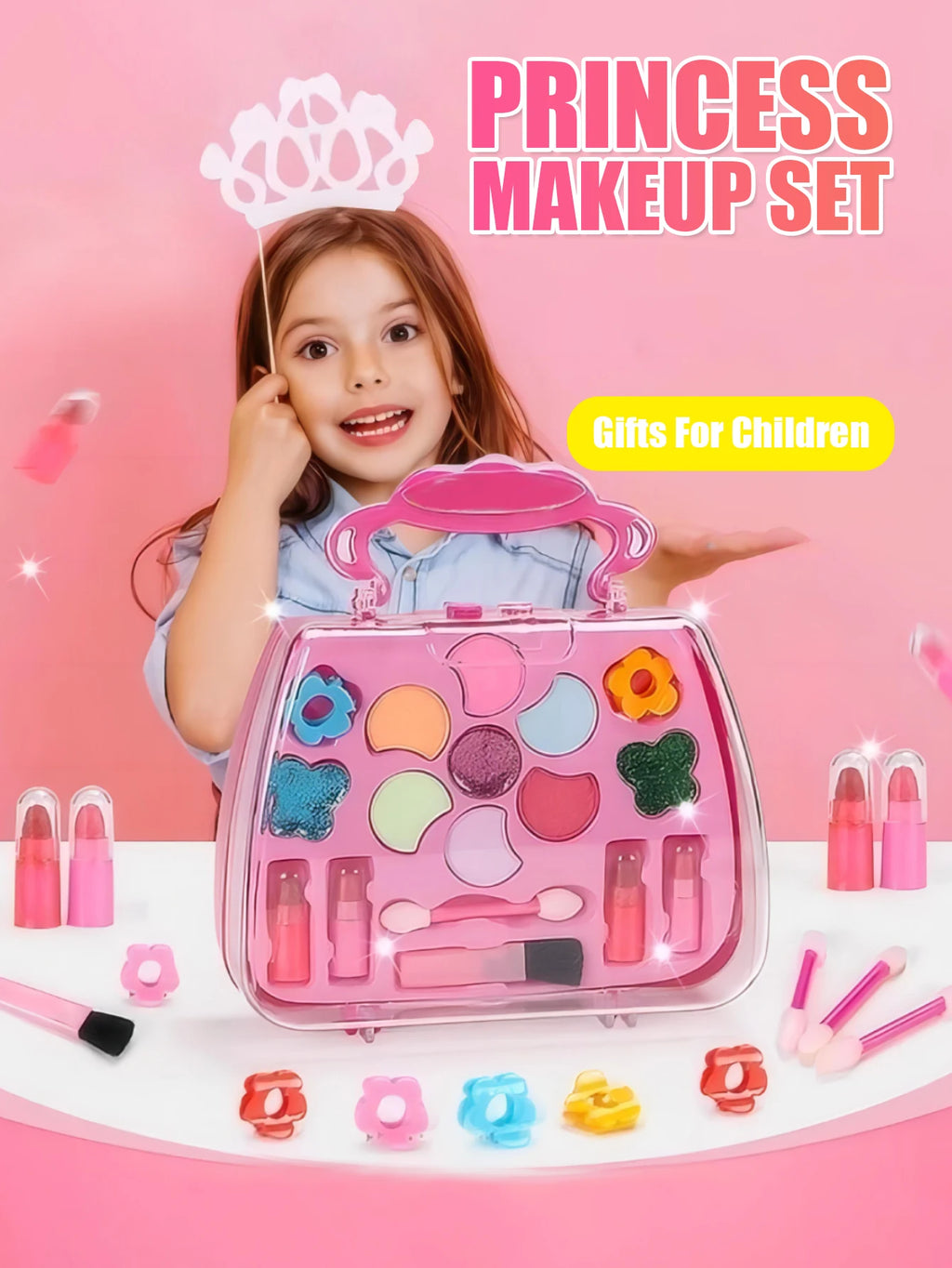 Kids Beauty Makeup Kit for Girls,Little Handbag Make-up Toys Princess Washable Pretend Play Cosmetic Set Toys birthday gifts