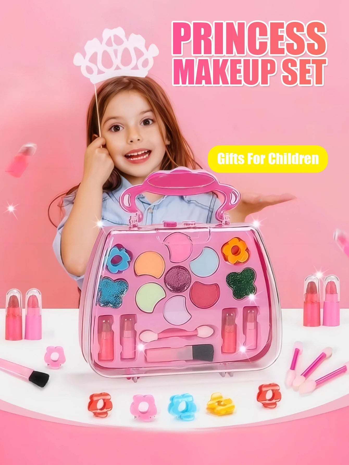Kids Beauty Makeup Kit for Girls,Little Handbag Make-up Toys Princess Washable Pretend Play Cosmetic Set Toys birthday gifts