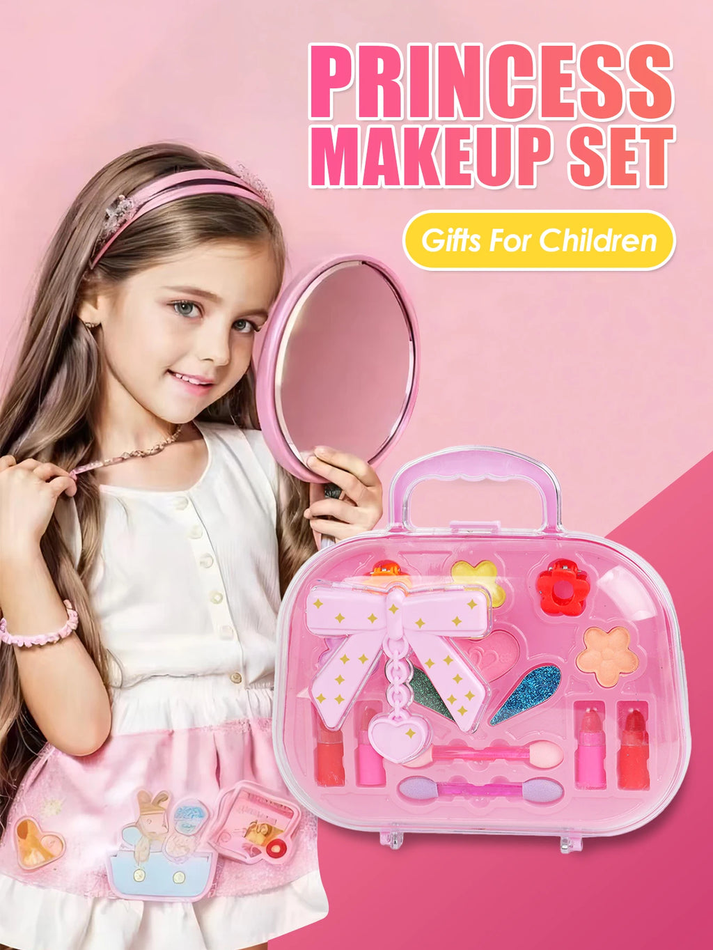 Kids Beauty Makeup Kit for Girls,Little Handbag Make-up Toys Princess Washable Pretend Play Cosmetic Set Toys birthday gifts